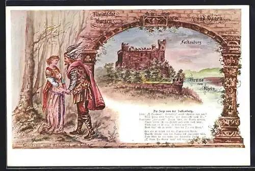 Lithographie Trechtingshausen, Falkenburg, Guntram nimmt Abschied von Soiba, Rheinpartie, Sage