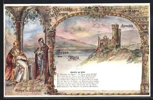 Lithographie Rüdesheim am Rhein, Ehrenfels, Sage, Bischof von Ehrenfels und Ritter