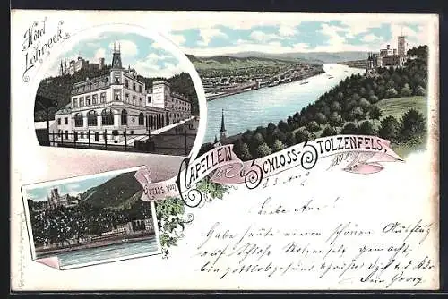 Lithographie Capellen / Koblenz, Hotel Lahneck, Schloss-Stolzenfels, Uferpartie
