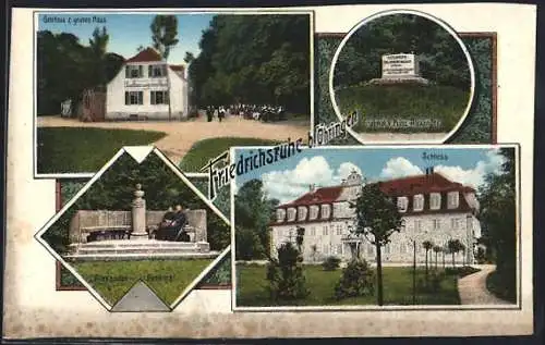 AK Friedrichsruhe / Württ., Gasthof zum grünen Haus, Schloss, Alexander-Denkmal u. Grabmal