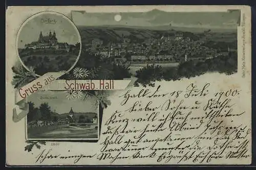 Mondschein-Lithographie Schwäb. Hall, Soolbad, Comburg, Gesamtansicht