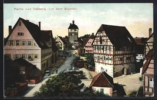 AK Vellberg, Ortspartie vor dem Brande aus der Vogelschau, mit Strasse und Torturm