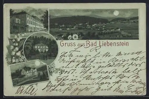Mondschein-Lithographie Bad Liebenstein, Curhaus, Villa Feodora, Schloss Altenstein, Gesamtansicht