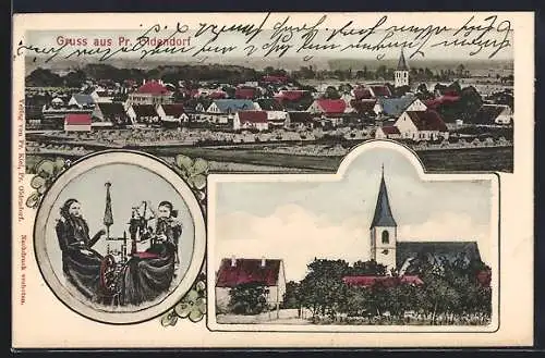 AK Pr. Oldendorf, Ortspartie mit Kirche, Spinnerinnen, Gesamtansicht