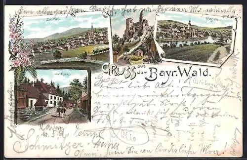Lithographie Zwiesel / bayr. Wald, Waldhaus, Ruine Weissenstein, Gesamtansicht und Ortsansicht von Regen