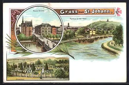 Lithographie Saarbrücken-St. Johann, Partie an der Saar, Neue Brücke, Ehrenthal
