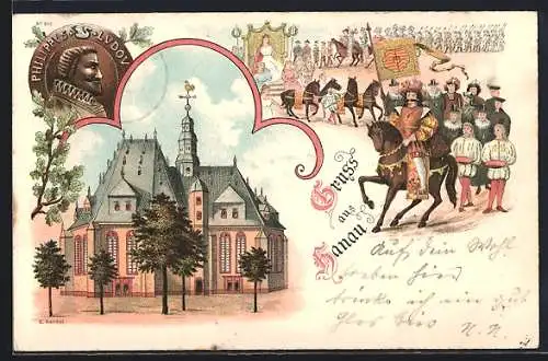 Lithographie Hanau, Kirche und Medaille mit Portrait von Philipp Luwig II