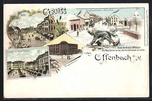 Lithographie Offenbach / Main, Aliceplatz mit Kriegerdenkmal, Kunstgewerbeschule, Frankfurter Strasse im Jahre 1836