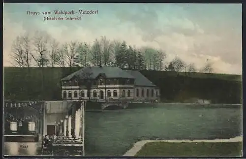 AK Metzdorf / Hohenfichte, Gasthaus Waldpark vom Wasser aus, Innenansicht Saal