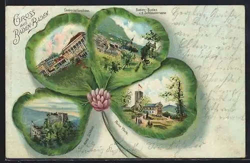Passepartout-Lithographie Baden-Baden, Blick durch ein Kleeblatt, Ort von der Schlossterrasse