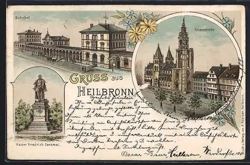 Lithographie Heilbronn, Sicht auf den Bahnhof, Kaiser Friedrich Denkmal, Kilianskirche