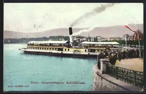 AK Zürich, Dampfer Helvetia an der Dampfschiffstation Bahnhofstrasse