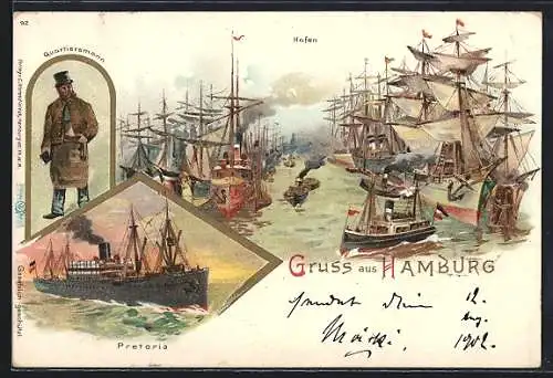 Lithographie Hamburg, Hafen, Quartiersmann, Passagierschiff Pretoria