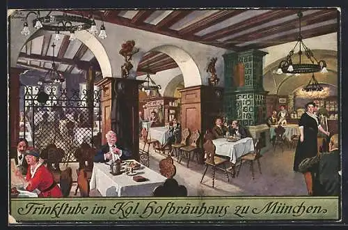 Künstler-AK Fritz Quidenus: Münchner Hofbräuhaus, Trinkstube mit hohem Kachelofen