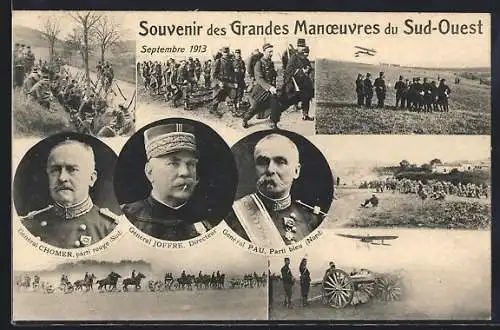 AK französische General Chomer, General Joffre und General Pau, Artillerie im Manöver
