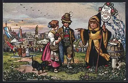 AK München, Oktoberfest, Münchner Kindl weist Besuchern mit Dackel den Weg
