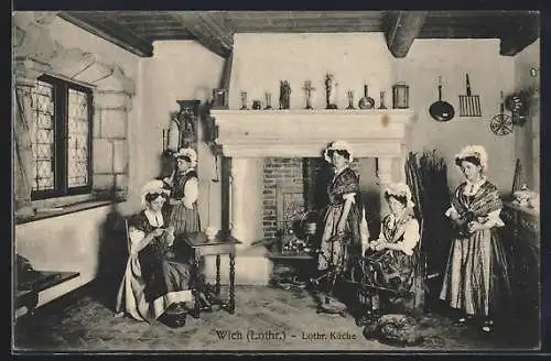 AK Wich, Frauen in elsass-lothringischer Tracht in der Küche