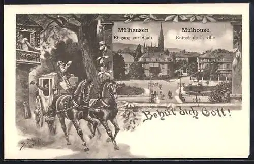 AK Mülhausen, Eingang zur Stadt, Postkutsche
