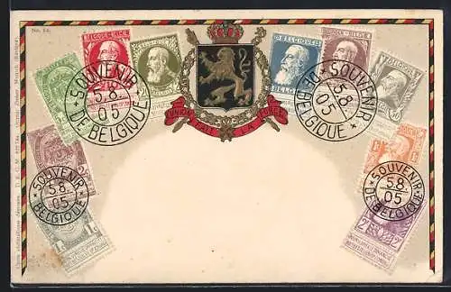 AK Belgien, Briefmarken und Wappen des Landes