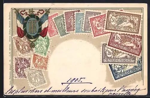 AK Frankreich, Briefmarken & Wappen