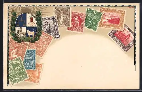 AK Uruguay, Wappen & versch. Briefmarken