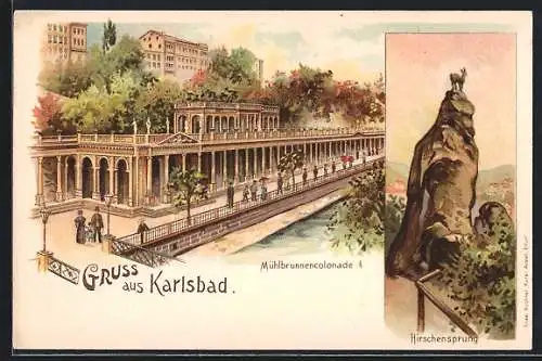Lithographie Karlsbad, Mühlbrunnencolonnade, Hirschsprung