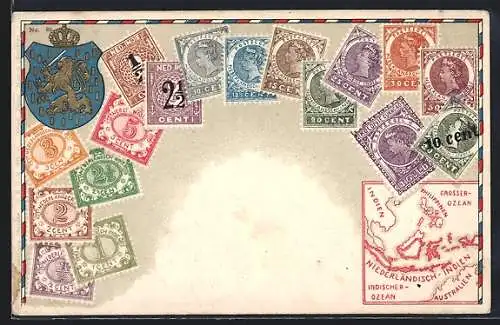 AK Indonesien, Wappen & versch. Briefmarken