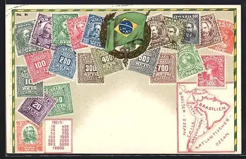 AK Briefmarken, Kranz mit brasilianischer Flagge