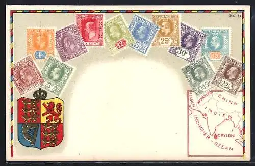 AK Ceylon, Briefmarken und Wappen, Landkarte