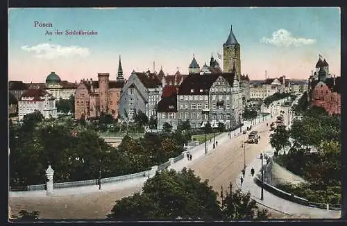 AK Posen / Poznan, An der Schlossbrücke, Strassenbahn