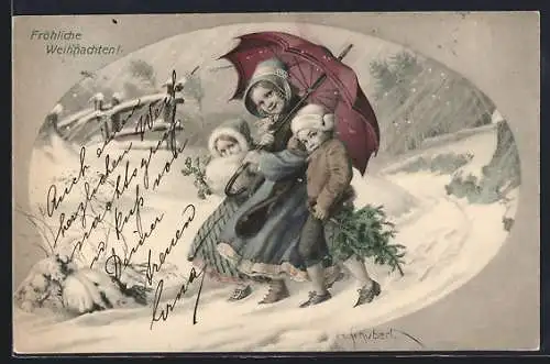 Künstler-AK H. Schubert: Fräulein mit Schirm und zwei Kindern im Schnee, Weihnachtsgruss