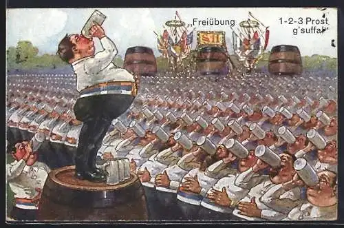 Künstler-AK F.Schlemo: Freiübung, Trinker leeren Bierkrug