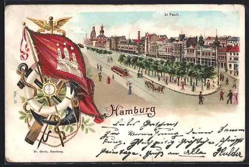 Lithographie Hamburg-St. Pauli, Stadtwappen, Strassenpartie auf St. Pauli