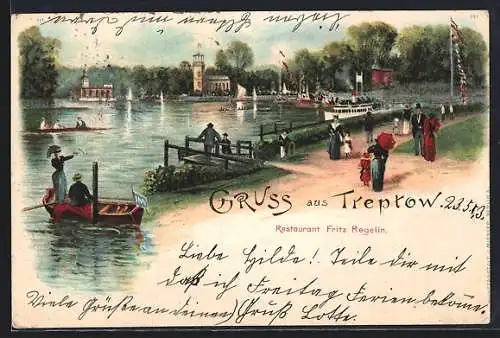 Lithographie Berlin-Treptow, Partie an der Spree