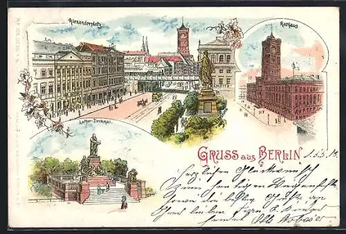 Lithographie Berlin, Alexanderplatz, das Rathaus, das Luther Denkmal