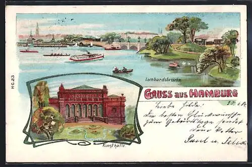 Lithographie Hamburg-St.Georg, Lombardsbrücke, Kunsthalle