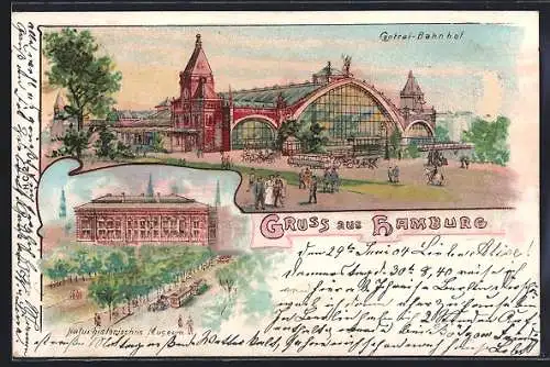 Lithographie Hamburg-St.Georg, Central-Bahnhof, Naturhistorisches Museum