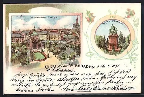 Lithographie Wiesbaden, Kochbrunnen-Anlage und Hygiea-Denkmal