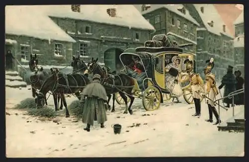 Lithographie Pferde der Postkutsche bekommen Heu