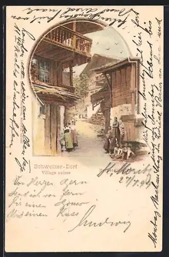 AK Schweizer-Dorf, Wegpartie mit Häusern, Frau und Kinder auf der Strasse, Um 1900