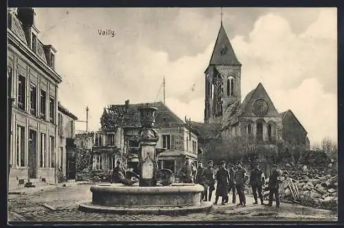 AK Vailly, Soldaten vor der zerstörten Kirche