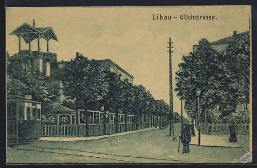 Künstler-AK Libau, Ulichstrasse mit Strassenbahn