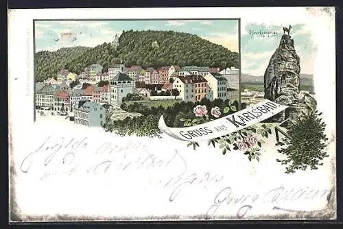 Lithographie Karlsbad, Hirschensprung, Ortsansicht mit Berg