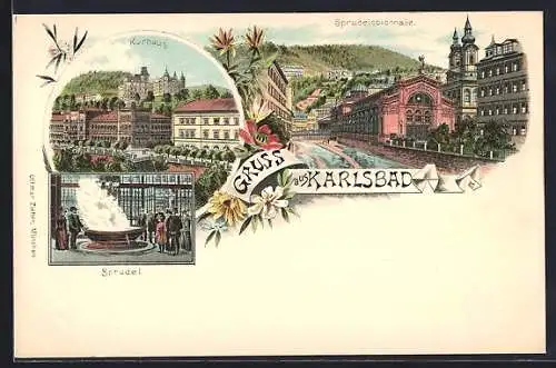 Lithographie Karlsbad, Kurhaus, Sprudel & Sprudelcolonnade