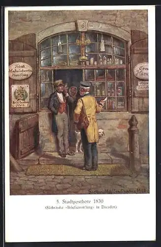 AK Stadtpostbote vor Tabak-Handlung, Hund