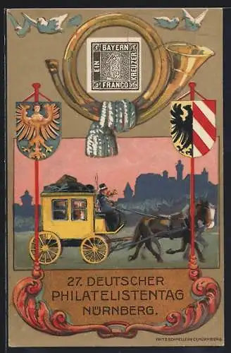 AK Nürnberg, 27. Deutscher Philatelistentag 1921, Ausstellung, Pferdekutsche, Wappen, Briefmarke