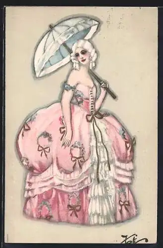 Künstler-AK Elegante Dame mit Sonnenschirm, Art Deco