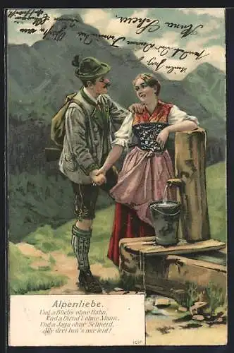 AK Alpenliebe, Paar in Tracht am Brunnen