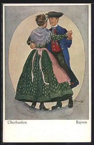 AK Paar aus Oberfranken tanzt, bayerische Tracht