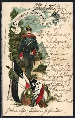 Lithographie Soldat in Uniform, Reichsfahne und Gewehr, Gruss aus der Garnison